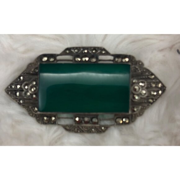 Vintage 1930s Art Deco Sterling Silver Green Agate & Marcasite Brooch - Germany - Picture 2 of 12